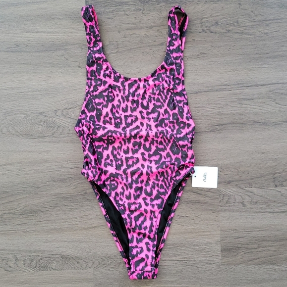 Adika Pink & Black Leopard Print One Piece Low-Back Cheeky One Piece NWT Size XS - Picture 1 of 8